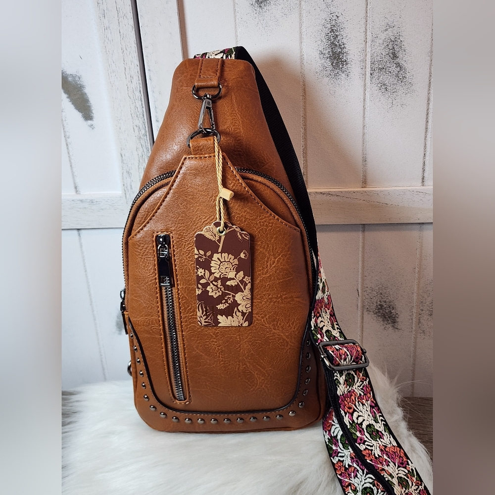 Sam & Hadley Vegan Leather Studded Sling Bag with Embroidered Floral Str…